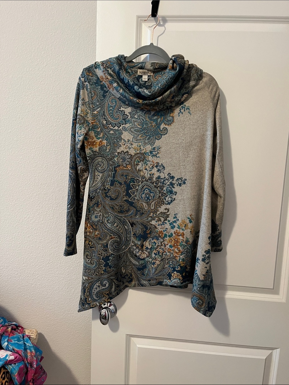 ONE WORLD Paisley Cowl Neck Sweater Tunic in Teal & Gray